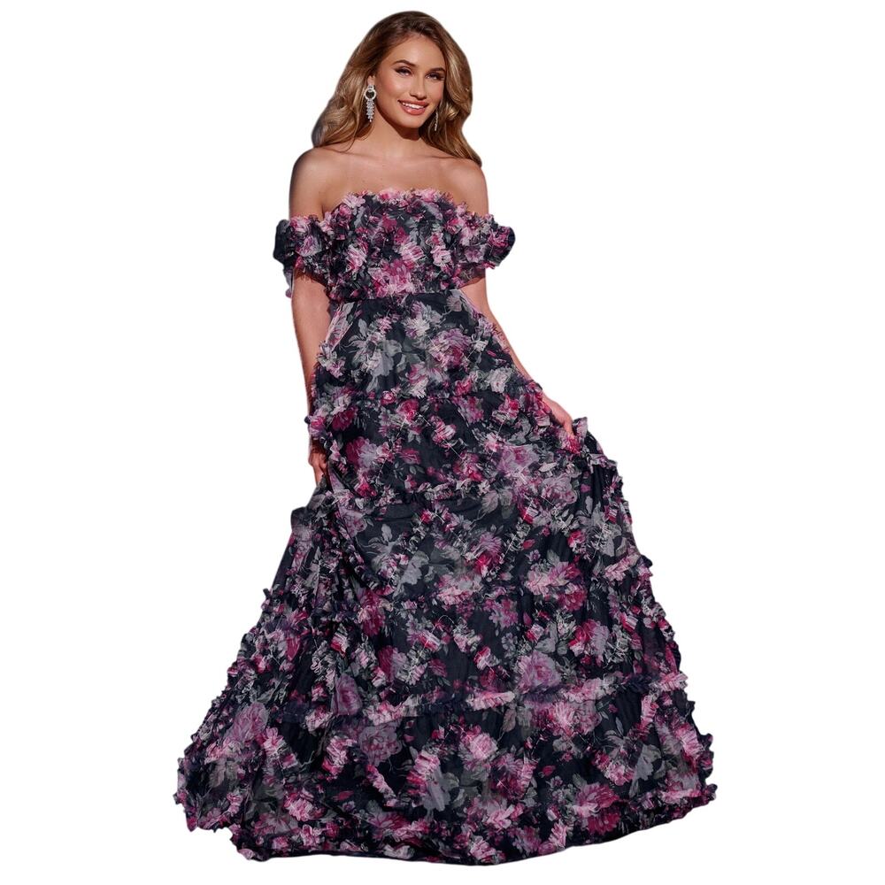 NWT Jovani Off-the-Shoulder Floral Gown with Layered Ruffle Details Size 0